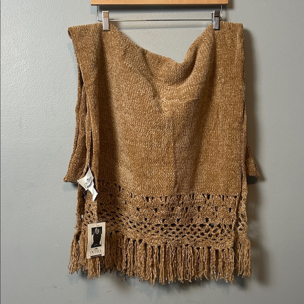 Stan Herman Elegant Tan Crochet Fringe Wrap soft and warm rectangular